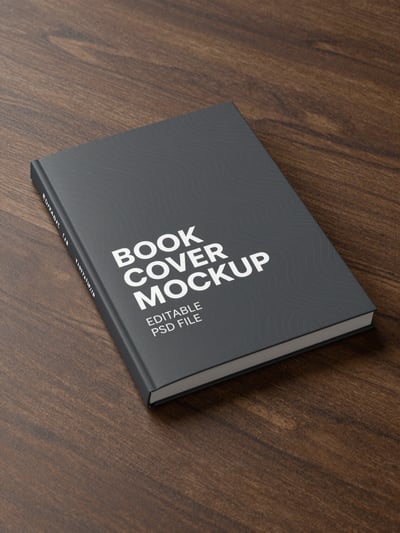Modern Book Cover Mockup on Dark Wooden Surface