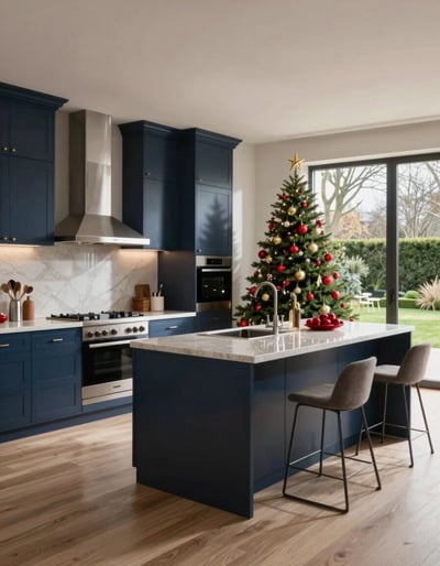 Modern Dark Blue Kitchen with Christmas Tree