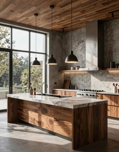 Modern Industrial Kitchen with Exposed Concrete and Wooden Accents