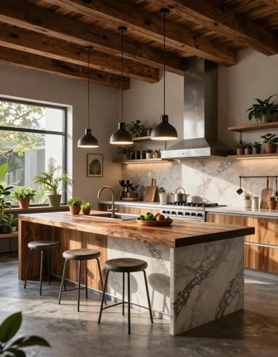 Modern Industrial Kitchen with Marble Island