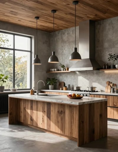 Modern Industrial Kitchen with Wooden Island and Marble Countertop