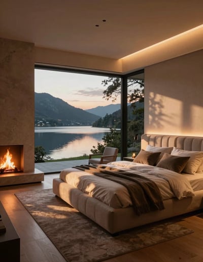 Modern Luxurious Bedroom with a Breathtaking Lake View