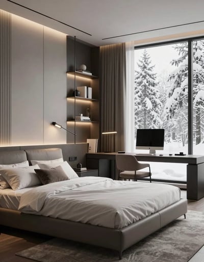 Modern Minimalist Bedroom with Gray Leather Bed