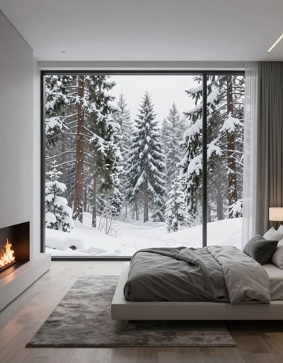 Modern Minimalist Bedroom with Snowy Forest View