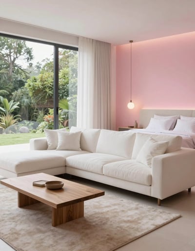 Modern Minimalist Living Room with Pink Accent Bedroom