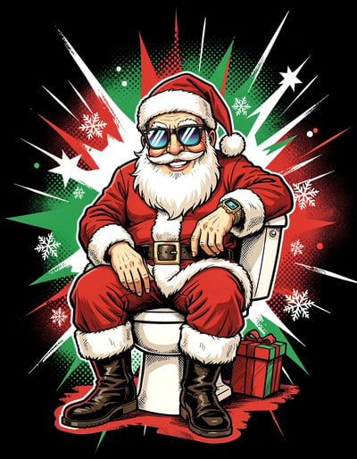Modern Pop Art Santa Claus on Toilet Poster Sticker Design with Bold Lines and Vibrant Colors