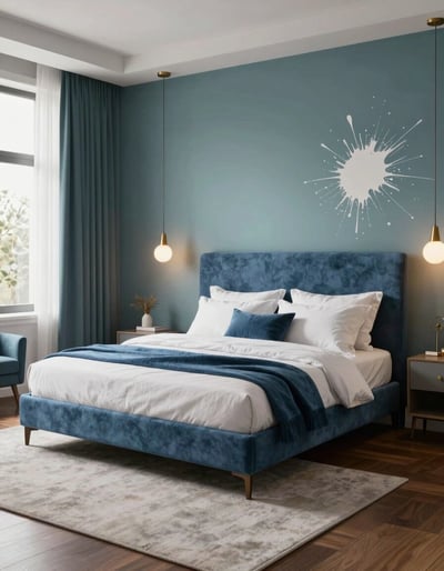 Modern Teal Bedroom with Paint Splatter Accent