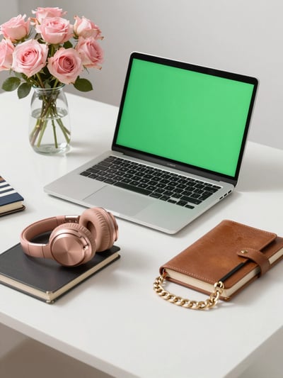 Modern Workspace with Green Screen Laptop