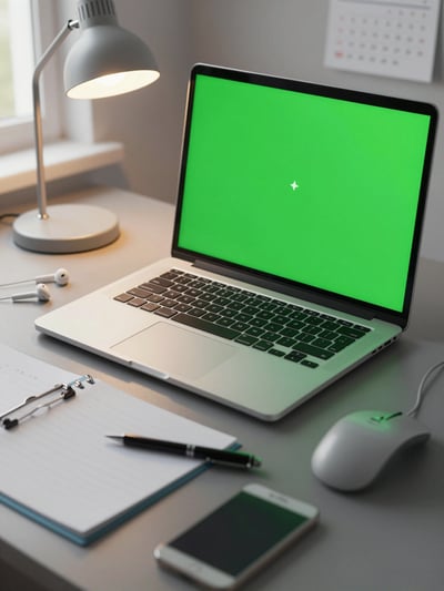 Modern Workspace with Green Screen Laptop