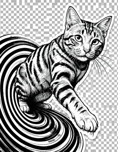 Monochromatic Dynamic Cat Illustration with Spiral Background for Modern Stickers and Prints