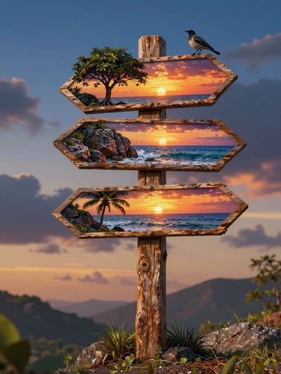 Oceanic Signpost at Sunset