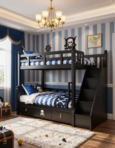 Pirate Themed Child's Bedroom with Black Bunk Bed