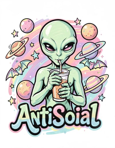 Playful Cartoon Alien Sipping Drink with Celestial Elements AntiSocial Sticker Design