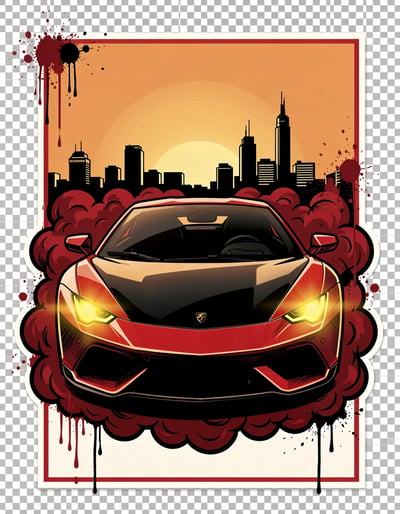 Pop Art Red Sports Car Banner with Stylized City Skyline and Dynamic Smoke Effects