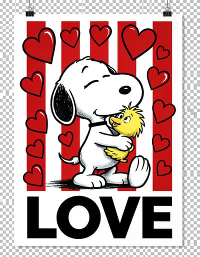 Pop Art Snoopy and Woodstock Love Banner with Red Hearts and Bold Typography