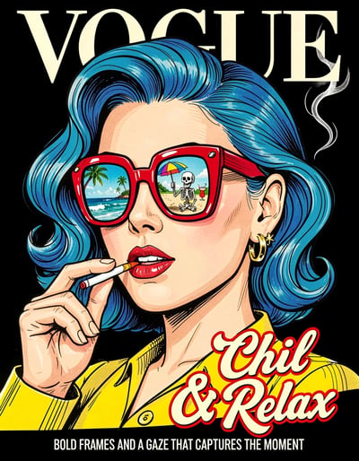 Pop Art Vogue-Inspired Banner with Blue-Haired Woman and Bold Sunglasses Graphic