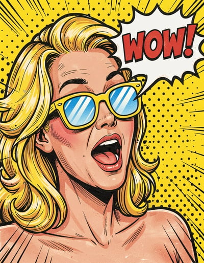 Pop Art Woman with Yellow Sunglasses and WOW Speech Bubble Sticker Design