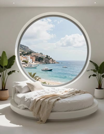 Serene Circular Bedroom with Coastal View