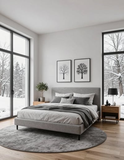Serene Minimalist Bedroom with Snowy Landscape View