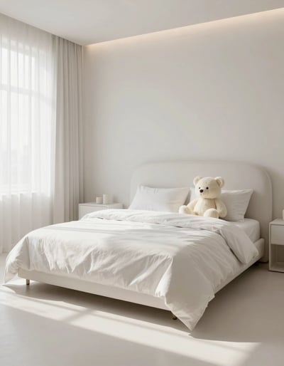 Serene Minimalist Bedroom with White Bed and Teddy Bear
