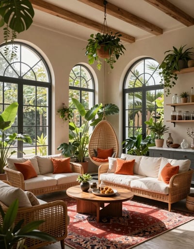 Serene Wicker Living Room with Lush Greenery