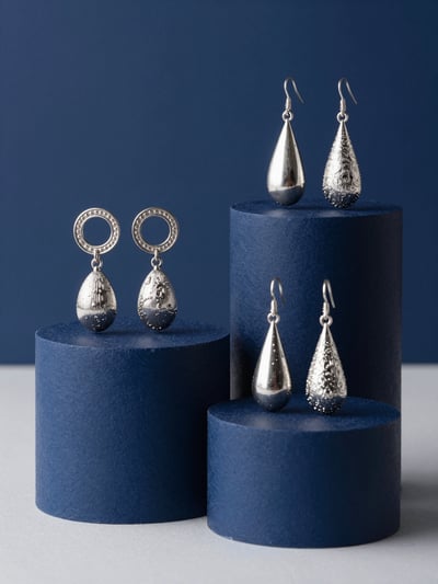 Silver Earrings Display on Navy Blue Pedestals