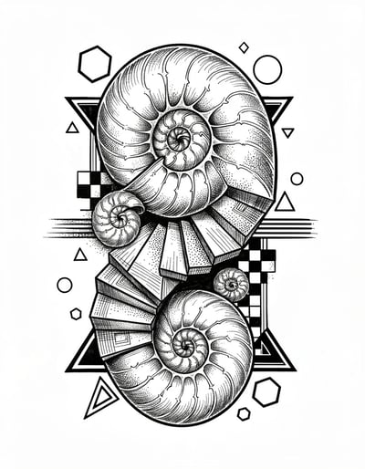 Striking Black and White Spiral Staircase and Nautilus Shell Sticker Design with Geometric Patterns