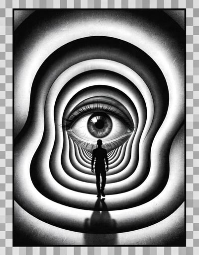 Surreal Black and White Tunnel with Hypnotic Eye and Silhouetted Figure – Dynamic Concept Art Poster