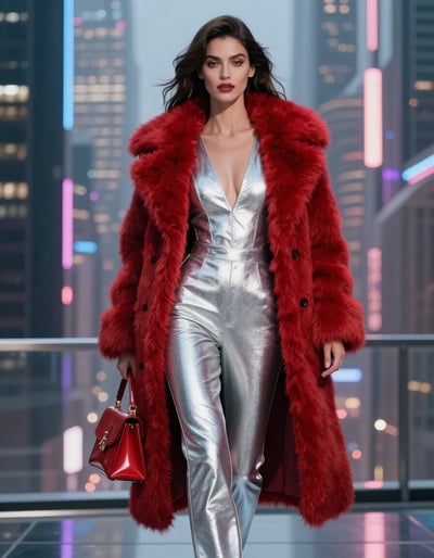 Urban Glamour: Silver Jumpsuit and Red Fur Coat