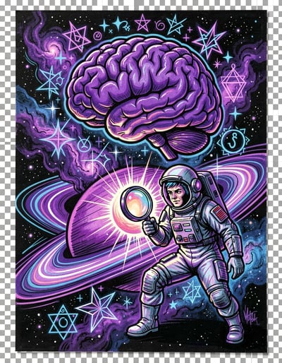 Vibrant Cosmic Brain and Astronaut Marker Illustration Poster Design