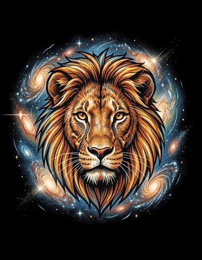 Vibrant Cosmic Lion Illustration Sticker with Swirling Galaxies and Nebulae in Marker Style