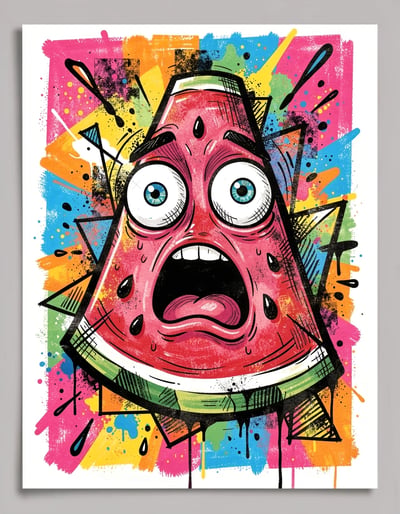 Vibrant Distressed Pop Art Watermelon Slice Banner with Shocked Expression and Energetic Multicolor Background