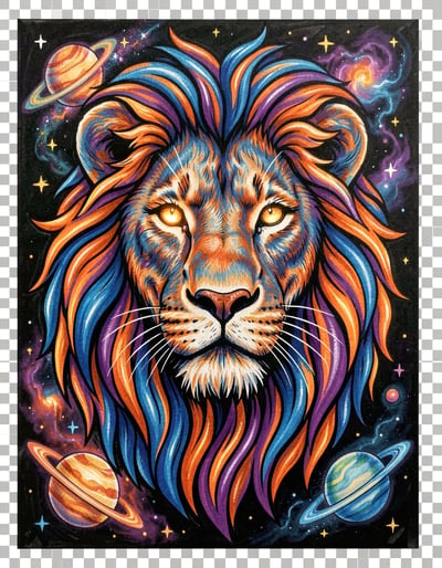 Vibrant Majestic Lion Face Marker Illustration with Cosmic Elements for Stickers and Banners
