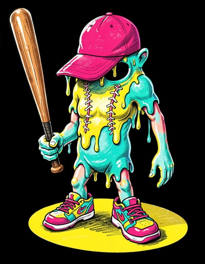 Vibrant Melting Baseball Character Sticker Design with Bold Marker Illustration and Dynamic Composition