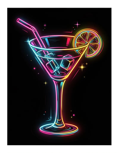 Vibrant Neon Martini Glass Pop Art Poster with Multicolor Glow and Dynamic Design