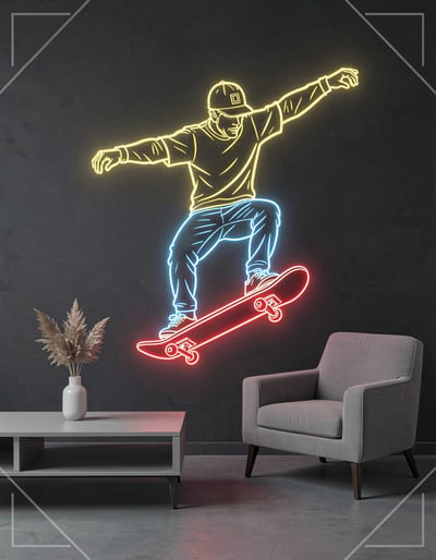 Vibrant Neon Skateboarder Pop Art Banner with Modern Living Room Elements