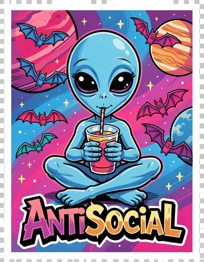 Vibrant Pop Art Alien Banner with Cosmic Elements and Stylized AntiSocial Text