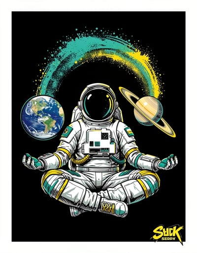 Vibrant Pop-Art Astronaut Meditating with Planets Cosmic Unity Illustration
