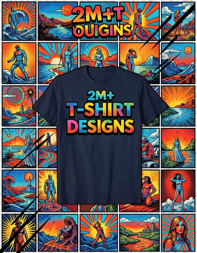Vibrant Pop Art Banner Featuring Dark Blue T-Shirt with 2M+ Designs Mosaic