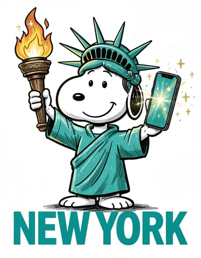 Vibrant Pop Art Banner of Snoopy as Statue of Liberty with Modern Digital Elements