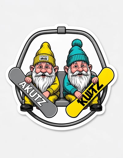 Vibrant Pop Art Banner of Two Cartoon Gnomes Snowboarding on Chairlift with Bold Graphic Style