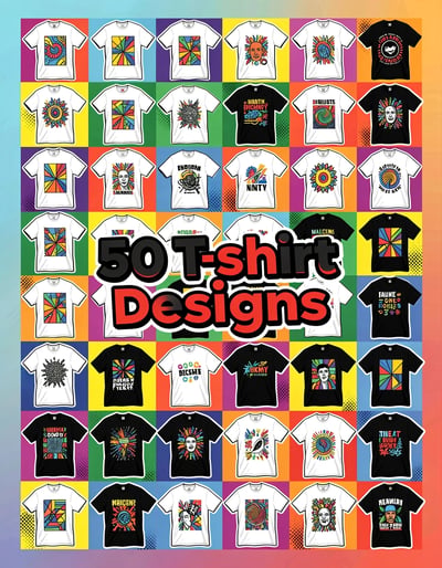 Vibrant Pop Art Banner Showcasing 50 Diverse T-Shirt Designs in Marker Illustrative Style