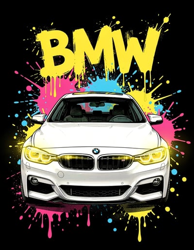 Vibrant Pop Art BMW Banner with Bold Yellow Graffiti Letters and Colorful Paint Splashes