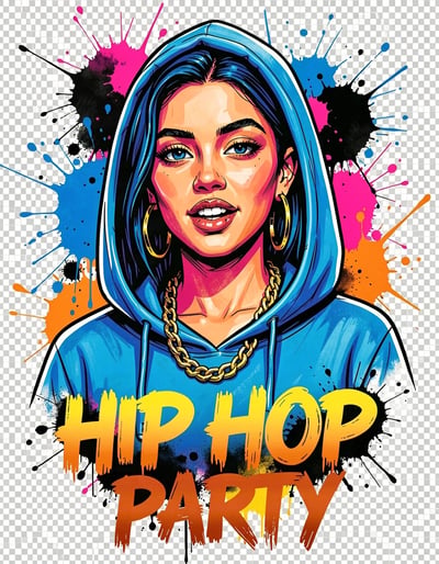 Vibrant Pop Art Hip Hop Party Banner Featuring Blue-Toned Woman with Gold Chain and Dynamic Paint Splashes