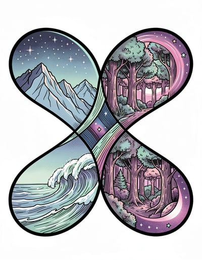Vibrant Pop Art Infinity Symbol Banner Featuring Ocean and Forest Scenes in Bold Marker Style