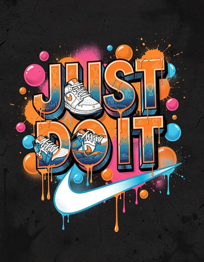 Vibrant Pop Art JUST DO IT Banner with Sneakers and Nike Swoosh in Bold 3D Lettering