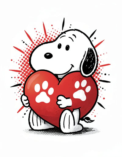 Vibrant Pop Art Snoopy Banner with Heart and Paw Prints for Stickers and Prints