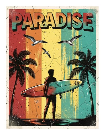 Vibrant Pop Art Surfer Banner with Retro Tropical Vibes and Bold PARADISE Text