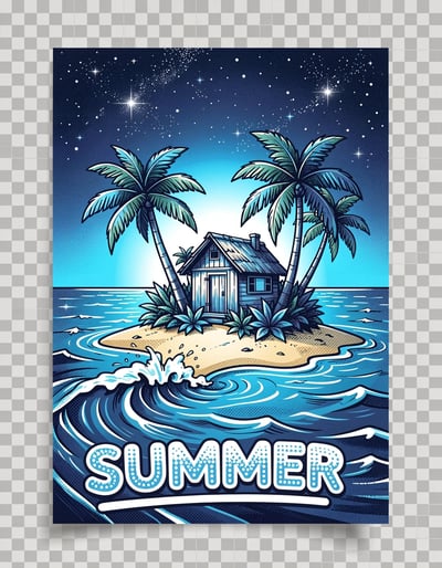 Vibrant Pop Art Tropical Island Banner with Stylized Summer Typography and Starry Night Glow