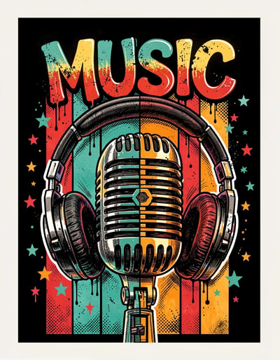 Vibrant Pop Art Vintage Microphone and Headphones Banner with MUSIC Typography